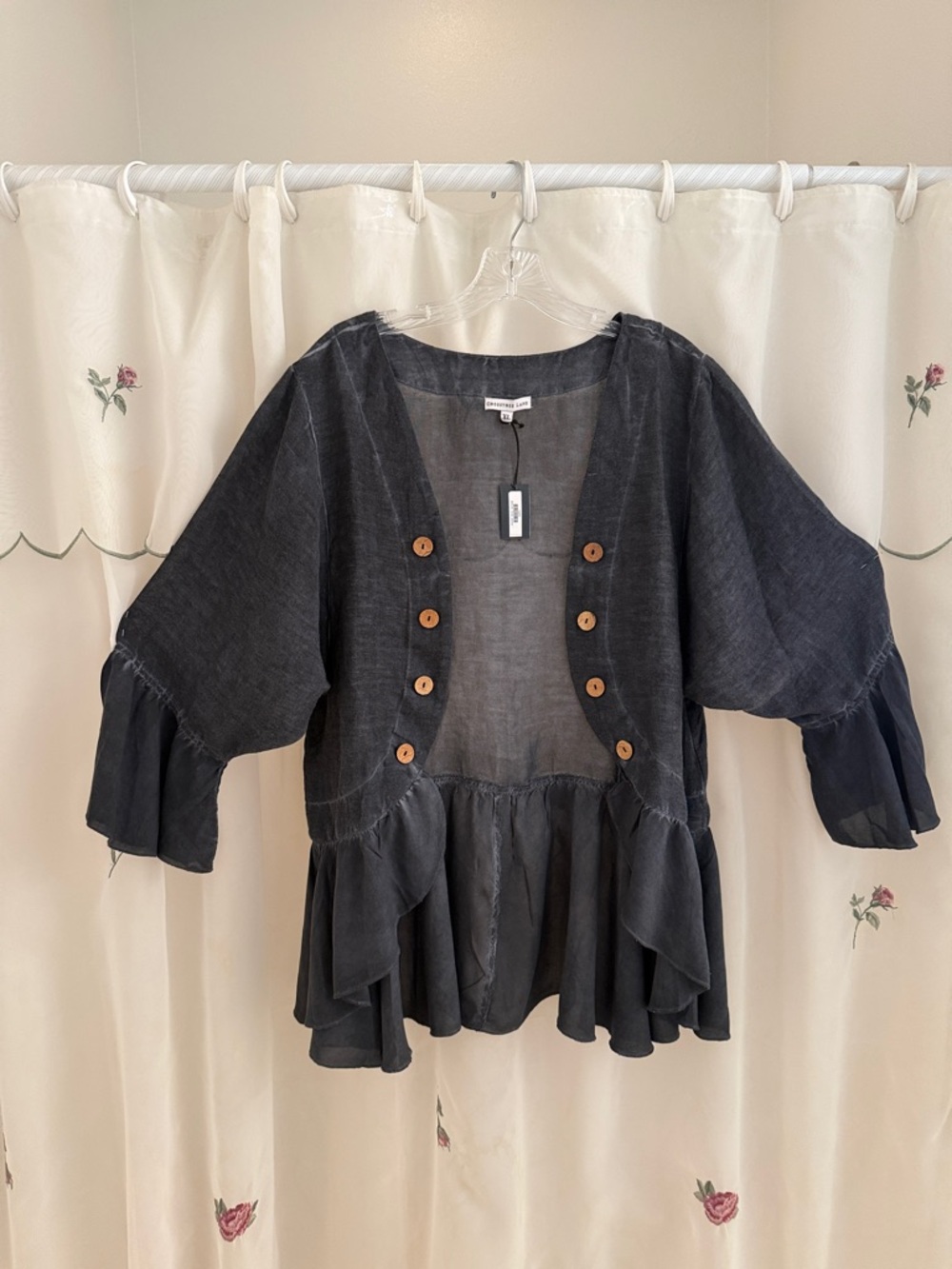 Women's Ruffle Peplum Button-Front Top in Charcoal